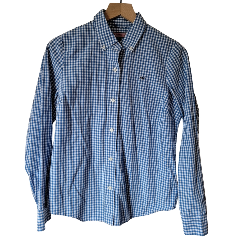 Vineyard Vines Womens Blue and White Gingham Button-Down Shirt 100% Cotton Sz 6